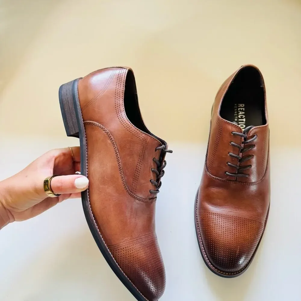 MENS KENNETH COLE Dark Brown Mahogany Leather Derby Oxford Lace Up Shoes 8.5